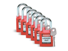 Замок безопасности стандартный Brady brady,стандартный,корпус,стальная дужка,цвет, красный, 6,5 мм, 38 мм, Нейлон, Химически инертен, Электроизолированная личина, 1