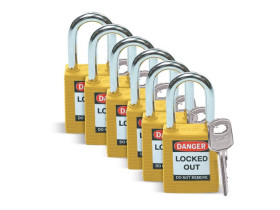 Замок безопасности стандартный Brady brady,стандартный,корпус,стальная дужка,цвет, желтый, 6,5 мм, 38 мм, Нейлон, Химически инертен, Электроизолированная личина, 1