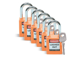 Замок безопасности стандартный Brady brady,стандартный,корпус,стальная дужка,цвет, оранжевый, 6,5 мм, 38 мм, Нейлон, Химически инертен, Электроизолированная личина, 1