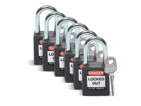 Замок безопасности стандартный Brady brady,стандартный,корпус,стальная дужка,цвет, черный, 6,5 мм, 38 мм, Нейлон, Химически инертен, Электроизолированная личина, 1